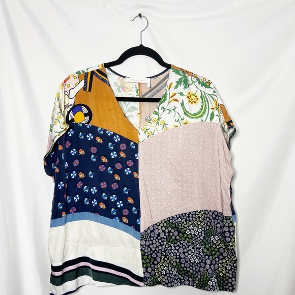 See by Chloe Patchwork Multicolor Pattern V Neck Top - Picture 1 of 5